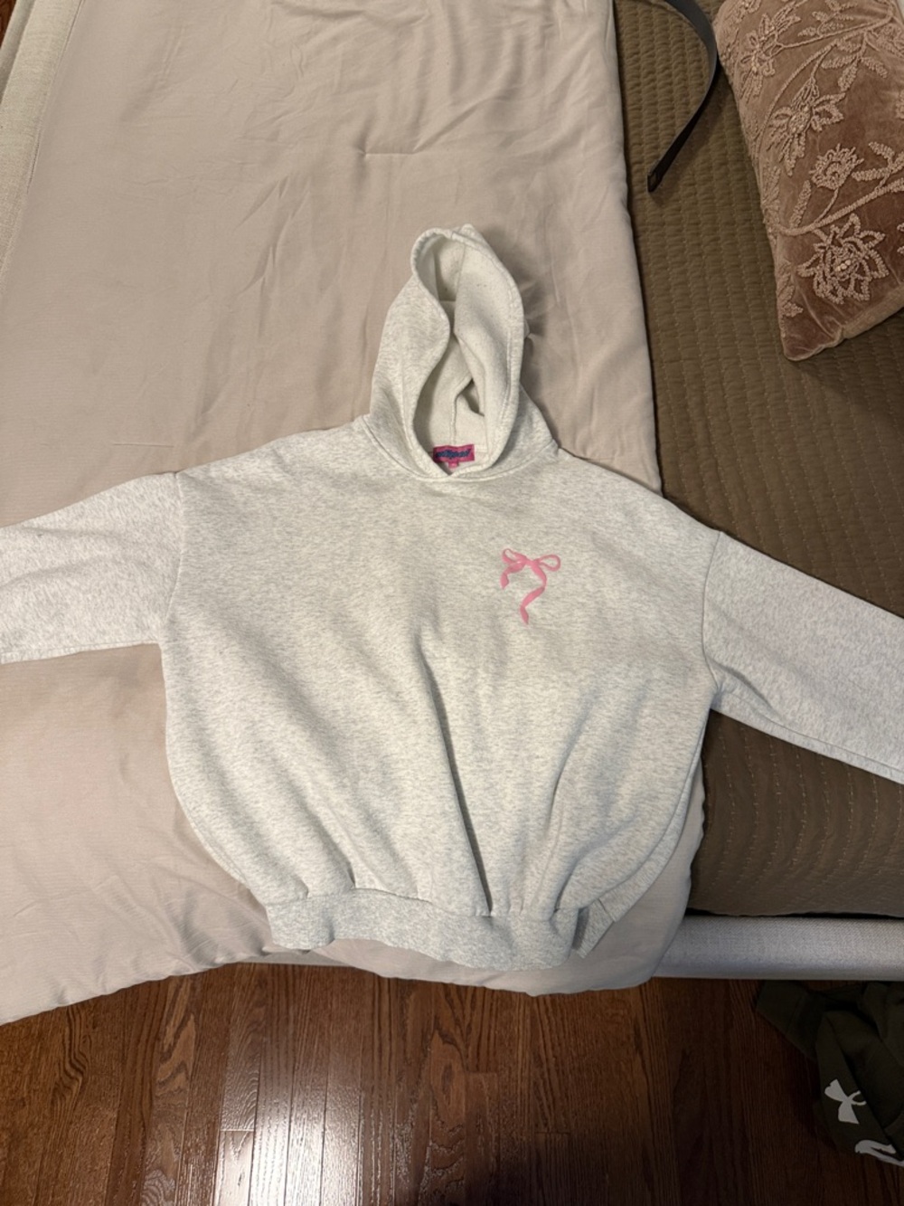 Women's Cream Hooded Sweatshirt with Pink Bow Detail